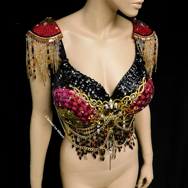 Royal Gold Black and Red Sequin Scale Mermaid Top Dance Costume Halloween