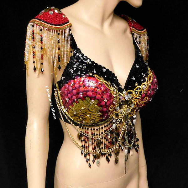 Royal Gold Black and Red Sequin Scale Mermaid Top Dance Costume Halloween