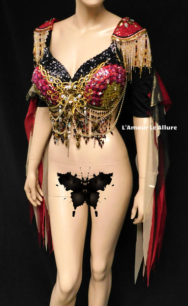 Royal Gold Black and Red Sequin Scale Mermaid Top Dance Costume Halloween