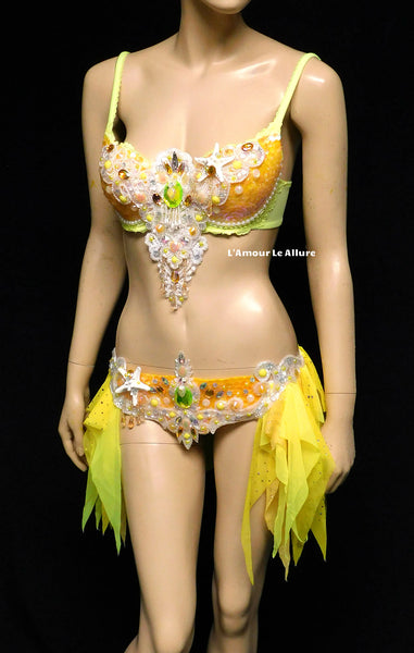 Ready to Ship 34C Yellow and Orange Sequin Scale Mermaid Bra and Skirt