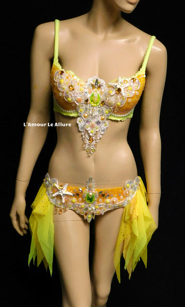 Ready to Ship 34C Yellow and Orange Sequin Scale Mermaid Bra and Skirt