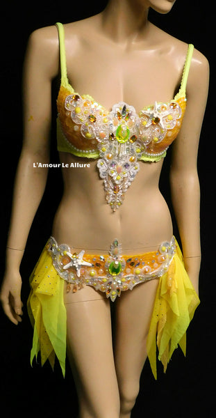 Ready to Ship 34C Yellow and Orange Sequin Scale Mermaid Bra and Skirt