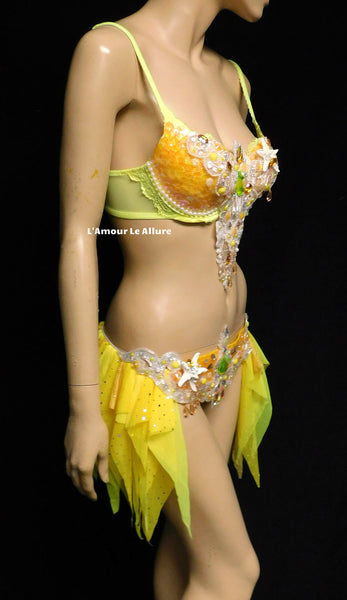 Ready to Ship 34C Yellow and Orange Sequin Scale Mermaid Bra and Skirt