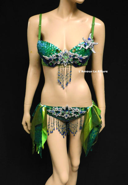 Green Blue and Silver Sequin Scale Mermaid Bra and Skirt