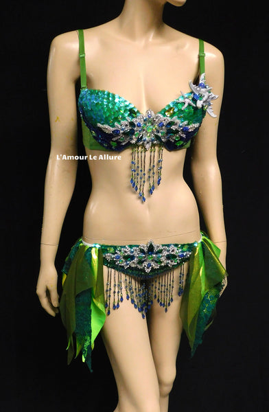 Green Blue and Silver Sequin Scale Mermaid Bra and Skirt