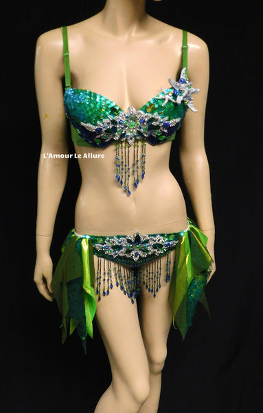 Green Blue and Silver Sequin Scale Mermaid Bra and Skirt