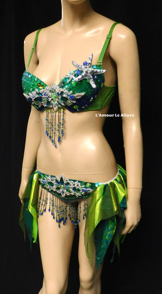 Green Blue and Silver Sequin Scale Mermaid Bra and Skirt