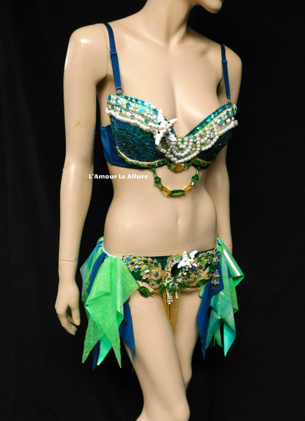 Green Blue and Gold Sequin Scale Mermaid Bra and Skirt