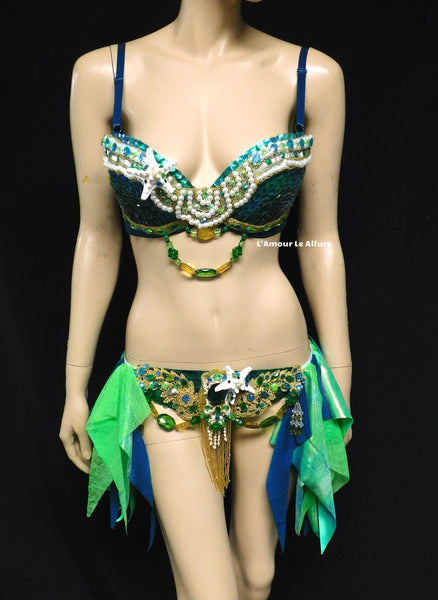 Green Blue and Gold Sequin Scale Mermaid Bra and Skirt