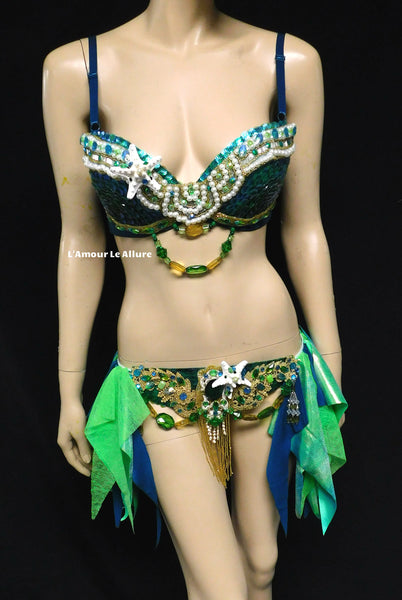 Green Blue and Gold Sequin Scale Mermaid Bra and Skirt