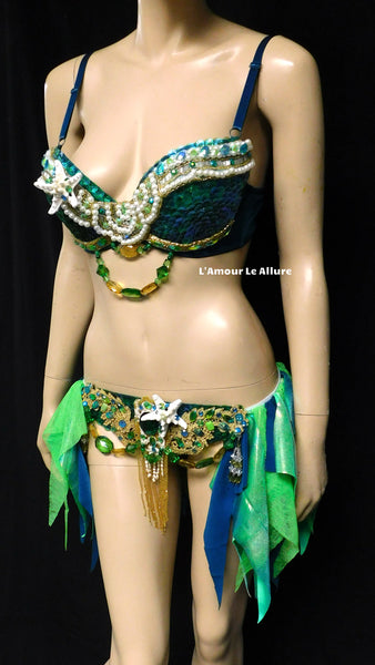 Green Blue and Gold Sequin Scale Mermaid Bra and Skirt