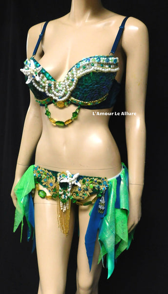 Green Blue and Gold Sequin Scale Mermaid Bra and Skirt