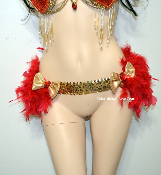 Red and Gold Bow Sequin Feather Bustle Skirt