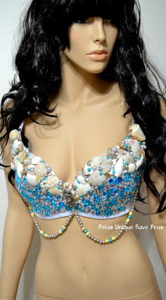 Turquoise Rhinestone Mermaid Dance Costume Rave Bra Halloween