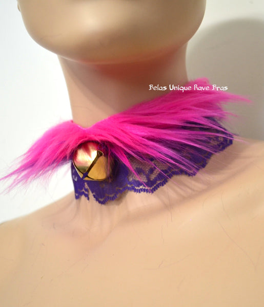 Cheshire Cat Fur Bell Lace Lolita Choker Gothic Necklace with Bell
