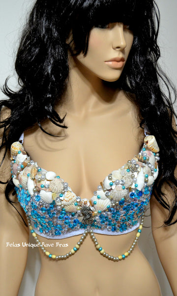 Turquoise Rhinestone Mermaid Dance Costume Rave Bra Halloween