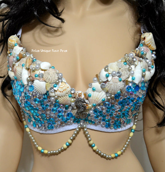 Turquoise Rhinestone Mermaid Dance Costume Rave Bra Halloween