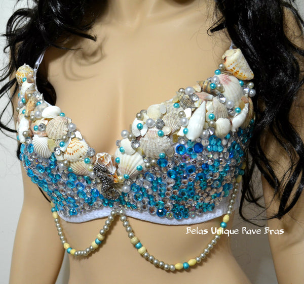 Turquoise Rhinestone Mermaid Dance Costume Rave Bra Halloween