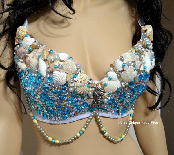 Turquoise Rhinestone Mermaid Dance Costume Rave Bra Halloween