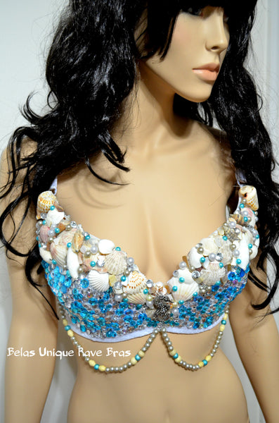 Turquoise Rhinestone Mermaid Dance Costume Rave Bra Halloween