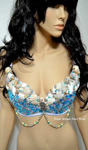 Turquoise Rhinestone Mermaid Dance Costume Rave Bra Halloween