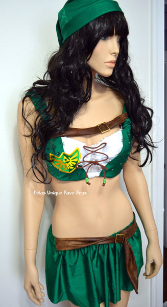 Legend of Zelda Green Link Bra and Skirt Cosplay Dance Costume Rave Halloween