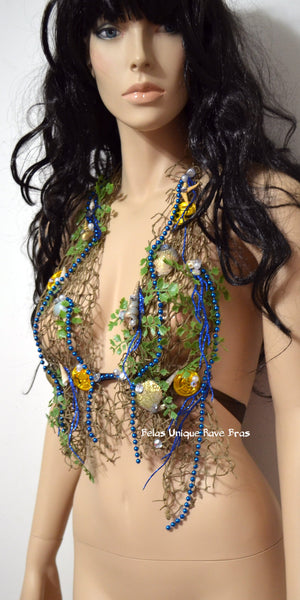 Sirens Of The Sea Blue Gold Netted Siren Mermaid Halter Top Halloween Dance Costume