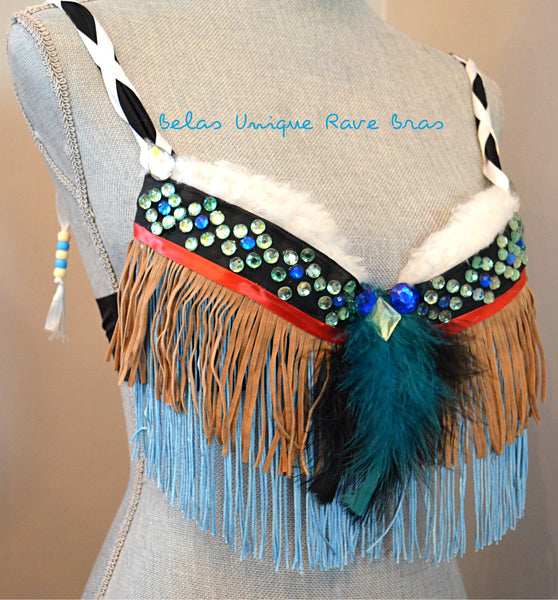 Tan Turquoise Tribal Fringe Feather Native indian Bra and Skirt