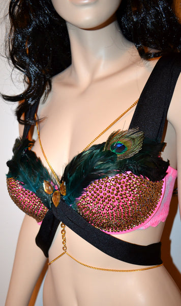 Hot Pink Peacock Feather Rhinestone Cage Bra