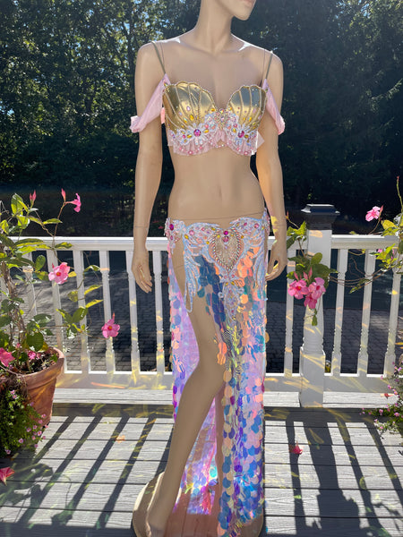 Pink and Gold Sequins Mermaid Siren Belly Dancer 2 Piece