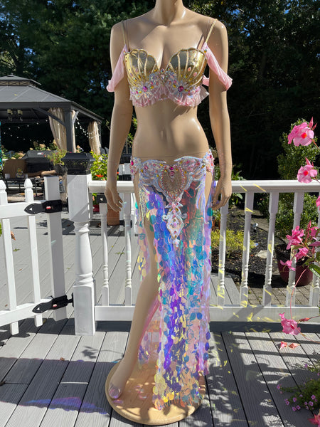 Pink and Gold Sequins Mermaid Siren Belly Dancer 2 Piece