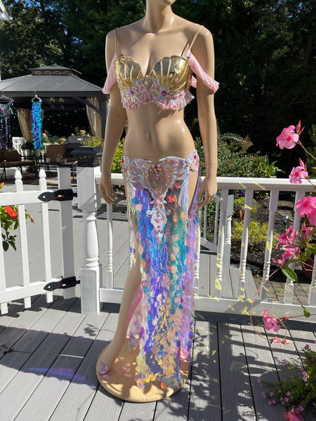 Pink and Gold Sequins Mermaid Siren Belly Dancer 2 Piece