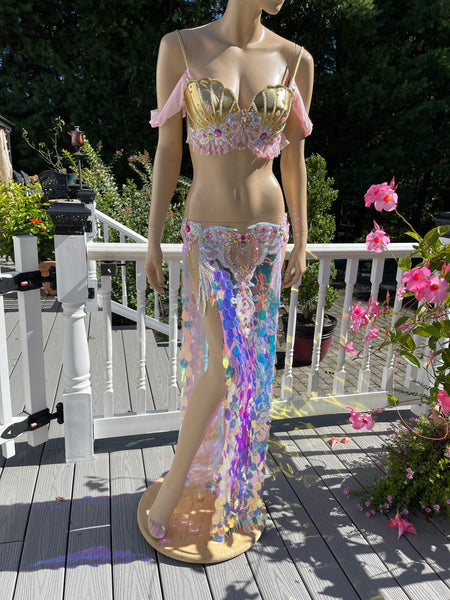 Pink and Gold Sequins Mermaid Siren Belly Dancer 2 Piece