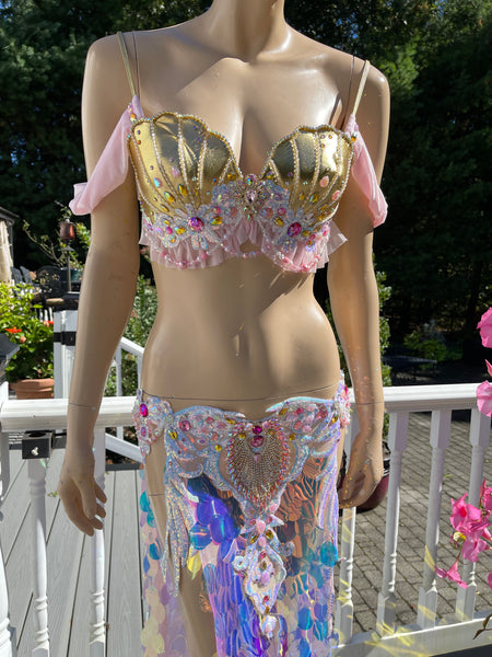 Pink and Gold Sequins Mermaid Siren Belly Dancer 2 Piece