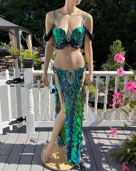 Green and Blue Sequins Mermaid Siren Belly Dancer 2 Piece