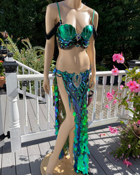 Green and Blue Sequins Mermaid Siren Belly Dancer 2 Piece