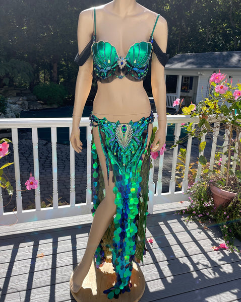 Green and Blue Sequins Mermaid Siren Belly Dancer 2 Piece