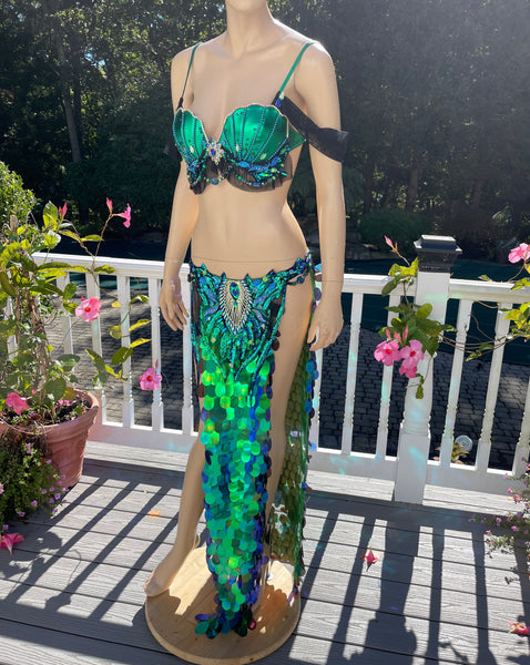 Green and Blue Sequins Mermaid Siren Belly Dancer 2 Piece