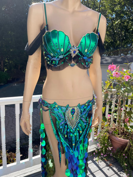 Green and Blue Sequins Mermaid Siren Belly Dancer 2 Piece