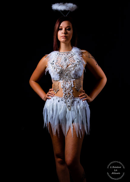 White Lace Rhinestone Feather Angel Bra and Skirt Costume