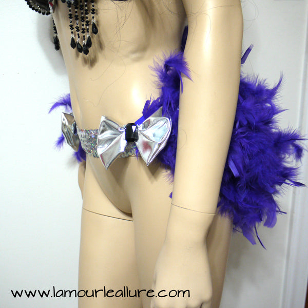 Purple and Silver Heart Breaker Samba Carnival Dance Top with Feather Skirt