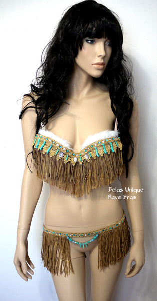 Pocahontas Turquoise Brown Fringe Bra and Skirt