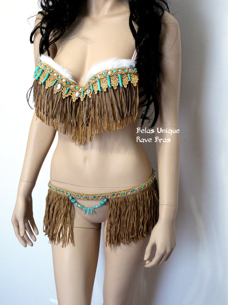 Pocahontas Turquoise Brown Fringe Bra and Skirt