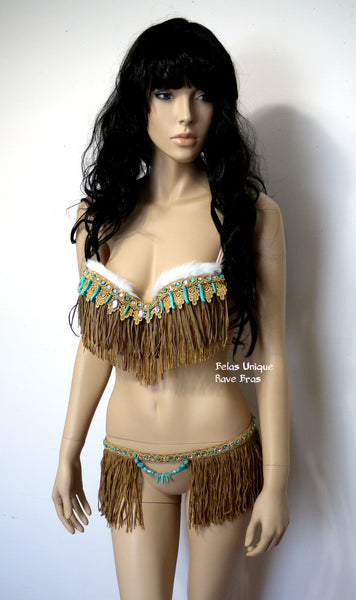 Pocahontas Turquoise Brown Fringe Bra and Skirt