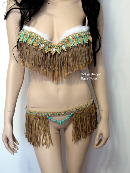 Pocahontas Turquoise Brown Fringe Bra and Skirt