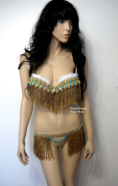 Pocahontas Turquoise Brown Fringe Bra and Skirt