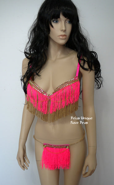 Hot Pink and Gold Fringe Chain Bra and Skirt