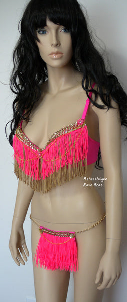 Hot Pink and Gold Fringe Chain Bra and Skirt