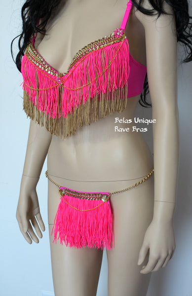 Hot Pink and Gold Fringe Chain Bra and Skirt