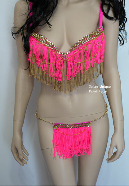 Hot Pink and Gold Fringe Chain Bra and Skirt